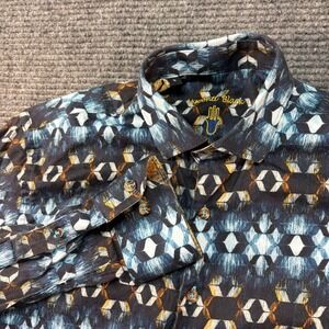 Luchiano Visconti Black Mens Small Geometric Abstract Print Button up Shirt Blue